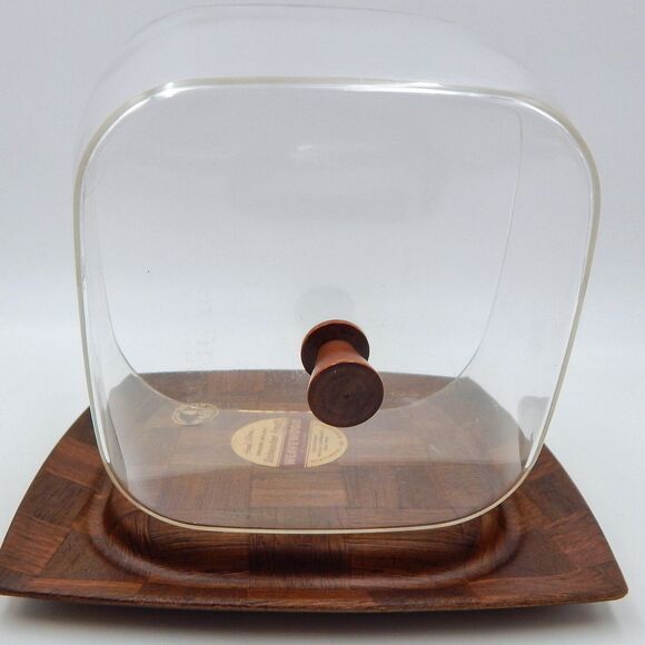 Weavewood Covered Cheese Tray With Clear Lid Handwoven Walnut MCM - Picture 7 of 11